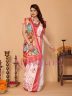 Off-White & Red Tussar Silk Saree with Kalighat-Style Devi Back Design & Sanskrit Mantra Pallu | Zari Border | Festive Tassels