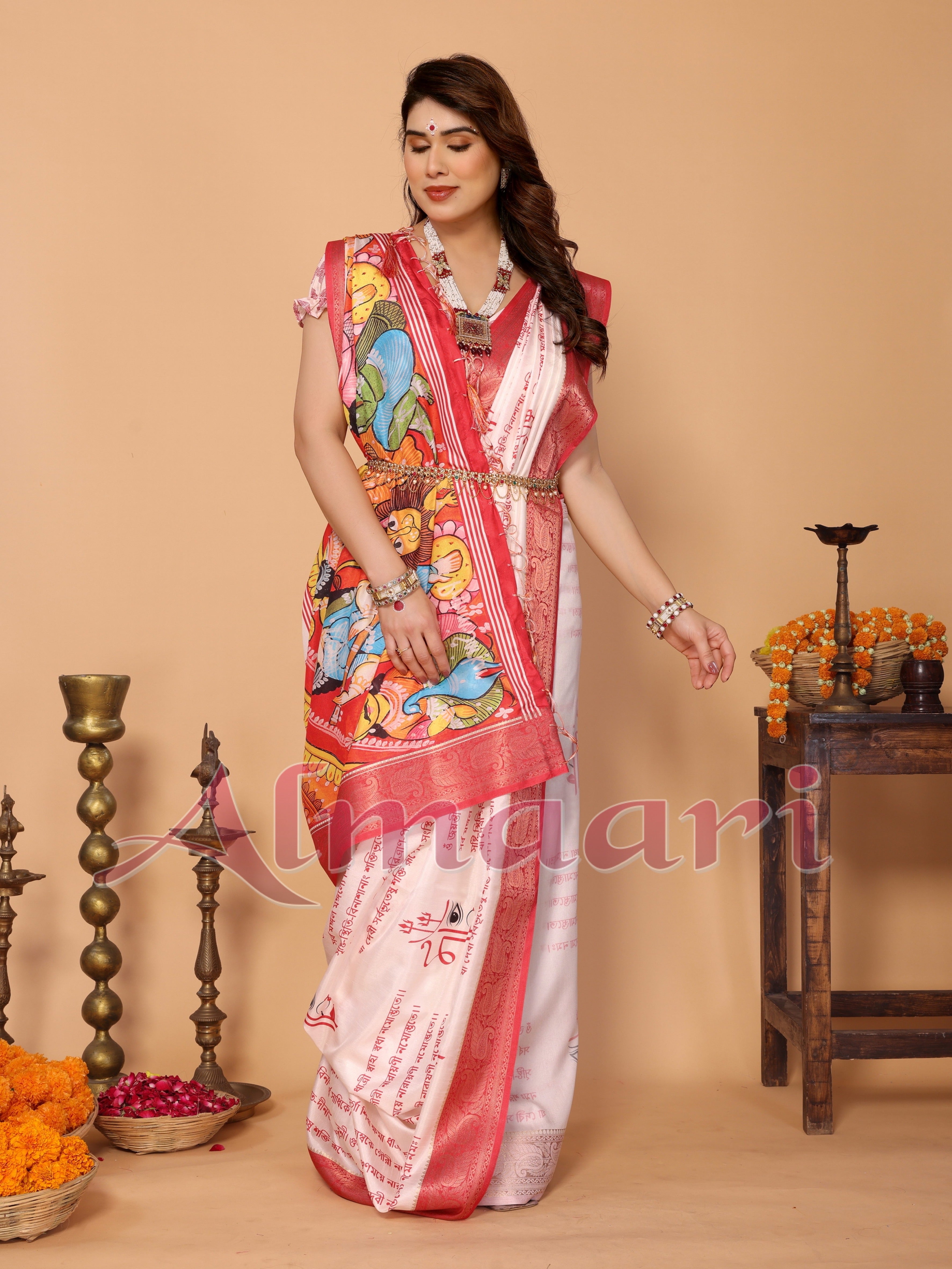 Off-White & Red Tussar Silk Saree with Kalighat-Style Devi Back Design & Sanskrit Mantra Pallu | Zari Border | Festive Tassels