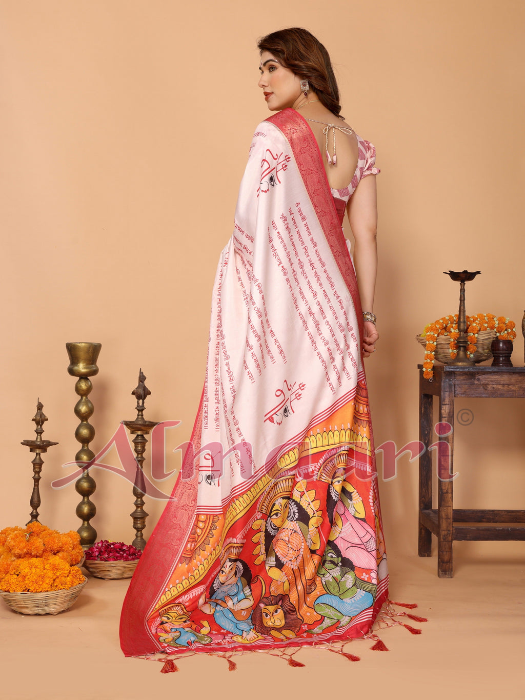 Off-White & Red Tussar Silk Saree with Kalighat-Style Devi Back Design & Sanskrit Mantra Pallu | Zari Border | Festive Tassels