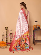 Off-White & Red Tussar Silk Saree with Kalighat-Style Devi Back Design & Sanskrit Mantra Pallu | Zari Border | Festive Tassels