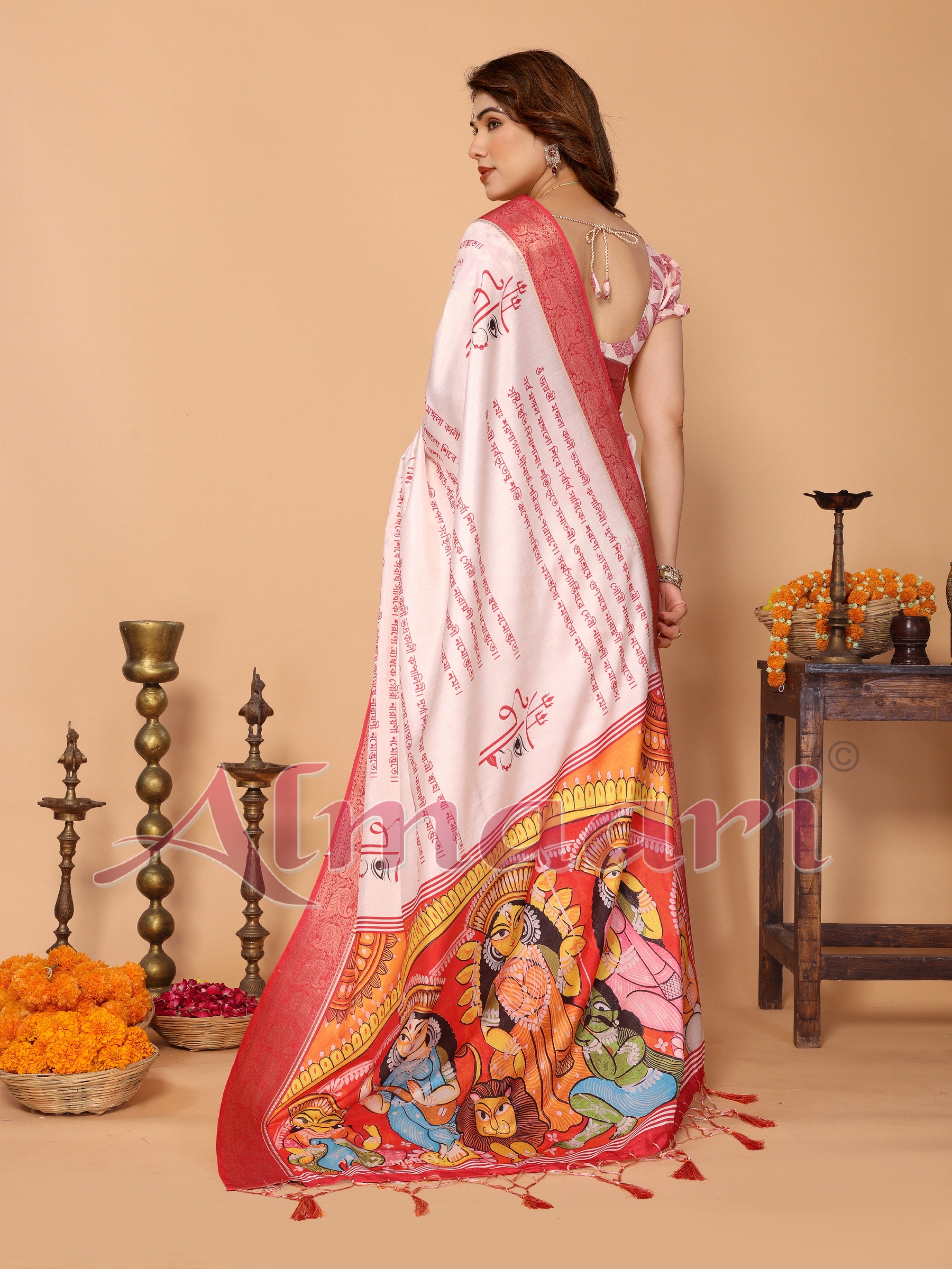 Off-White & Red Tussar Silk Saree with Kalighat-Style Devi Back Design & Sanskrit Mantra Pallu | Zari Border | Festive Tassels