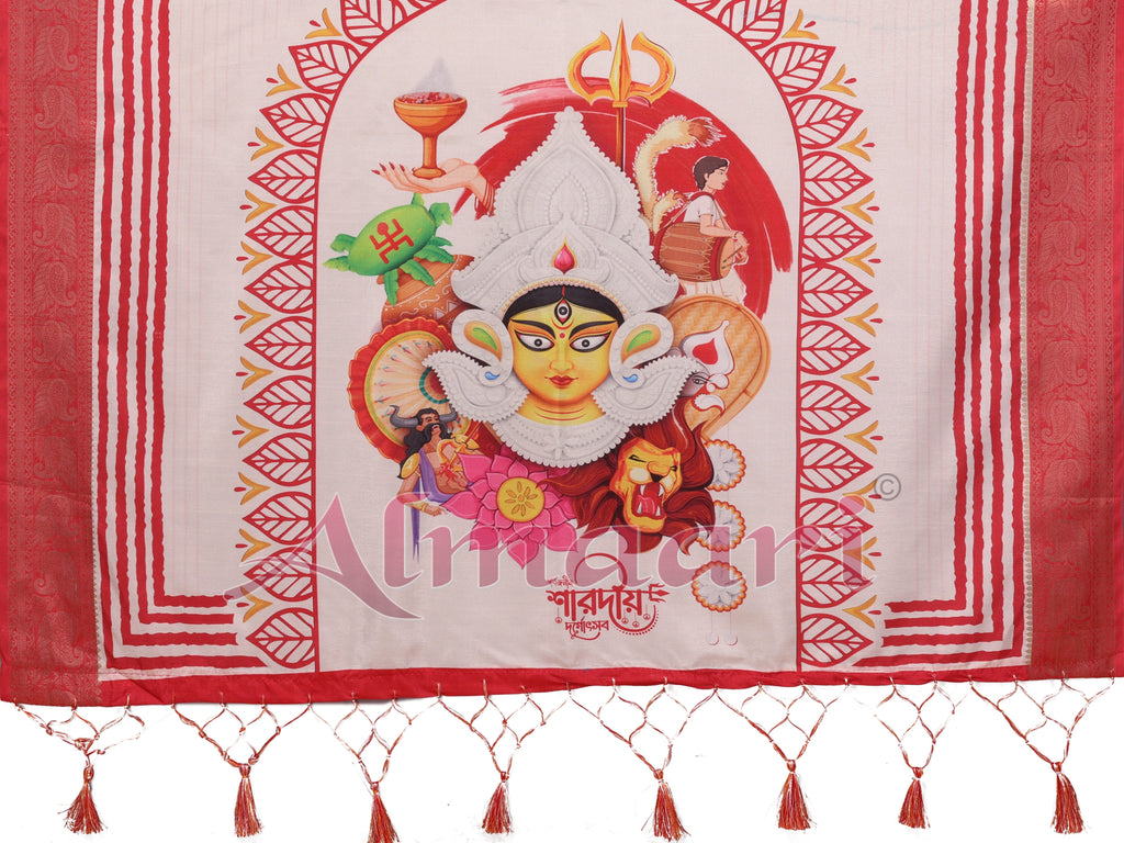 Crimson Red Handloom Linen Saree with Maa Durga Mahishasura Mardini Pallu & Zari Border | Durga Puja Special
