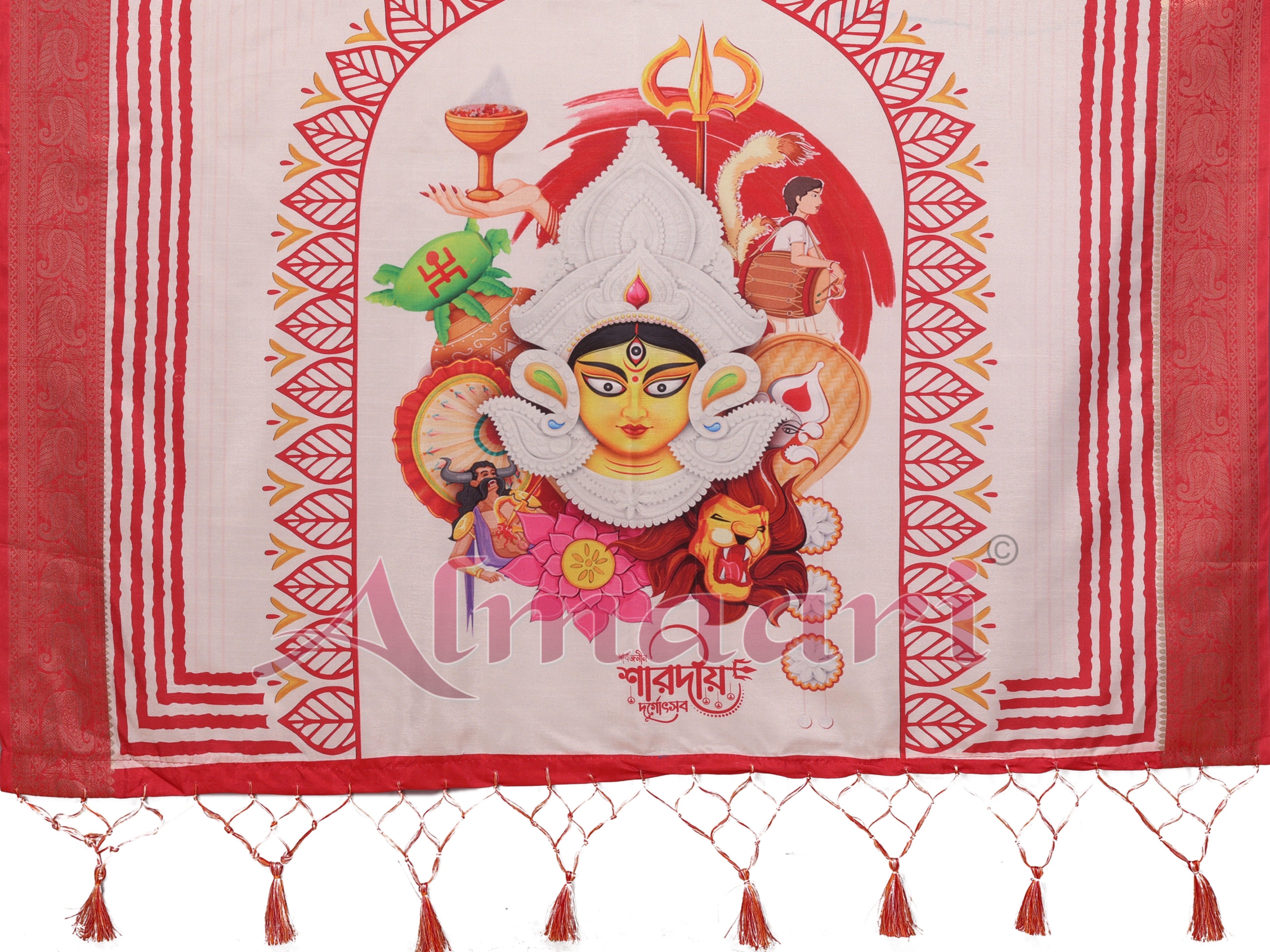 Crimson Red Handloom Linen Saree with Maa Durga Mahishasura Mardini Pallu & Zari Border | Durga Puja Special