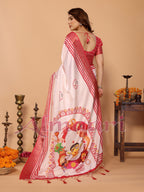 Crimson Red Handloom Linen Saree with Maa Durga Mahishasura Mardini Pallu & Zari Border | Durga Puja Special