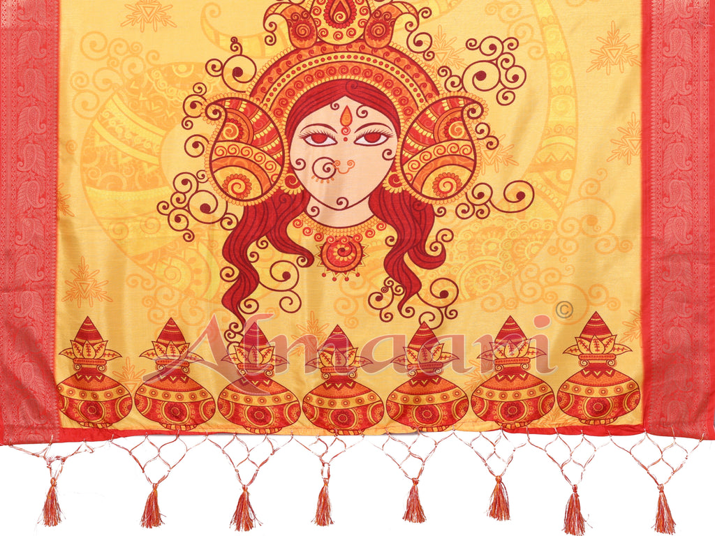 White & Yellow Ombre Pure Tussar Silk Saree with Durga Face Print & Kalash Motifs | Zari Border & Festive Tassels