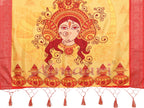 White & Yellow Ombre Pure Tussar Silk Saree with Durga Face Print & Kalash Motifs | Zari Border & Festive Tassels