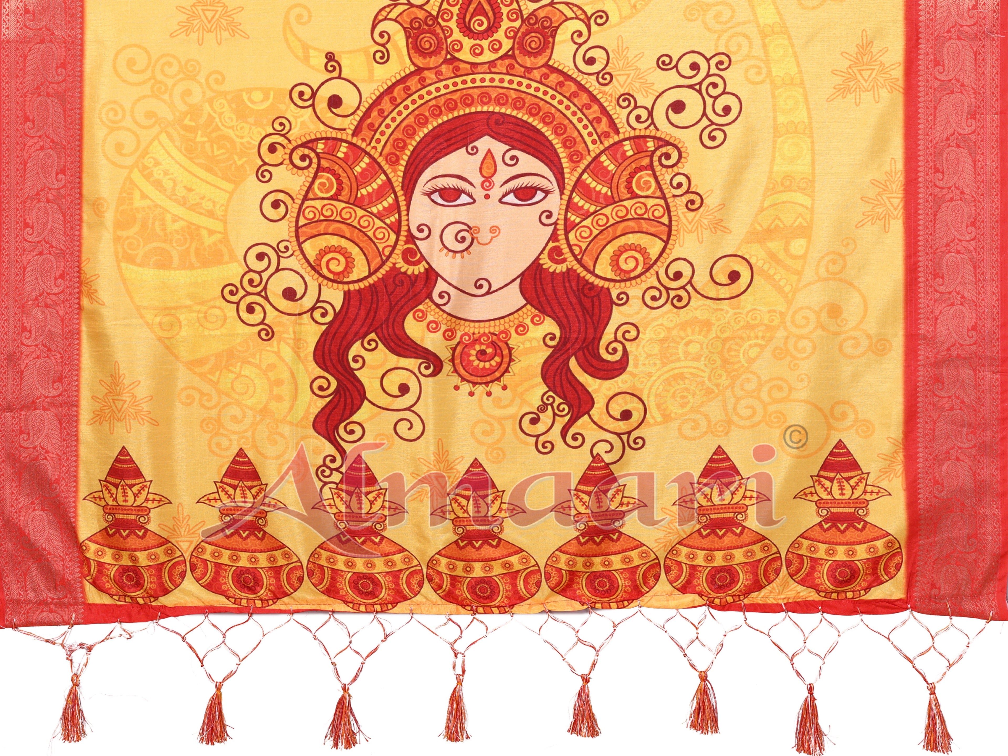 White & Yellow Ombre Pure Tussar Silk Saree with Durga Face Print & Kalash Motifs | Zari Border & Festive Tassels