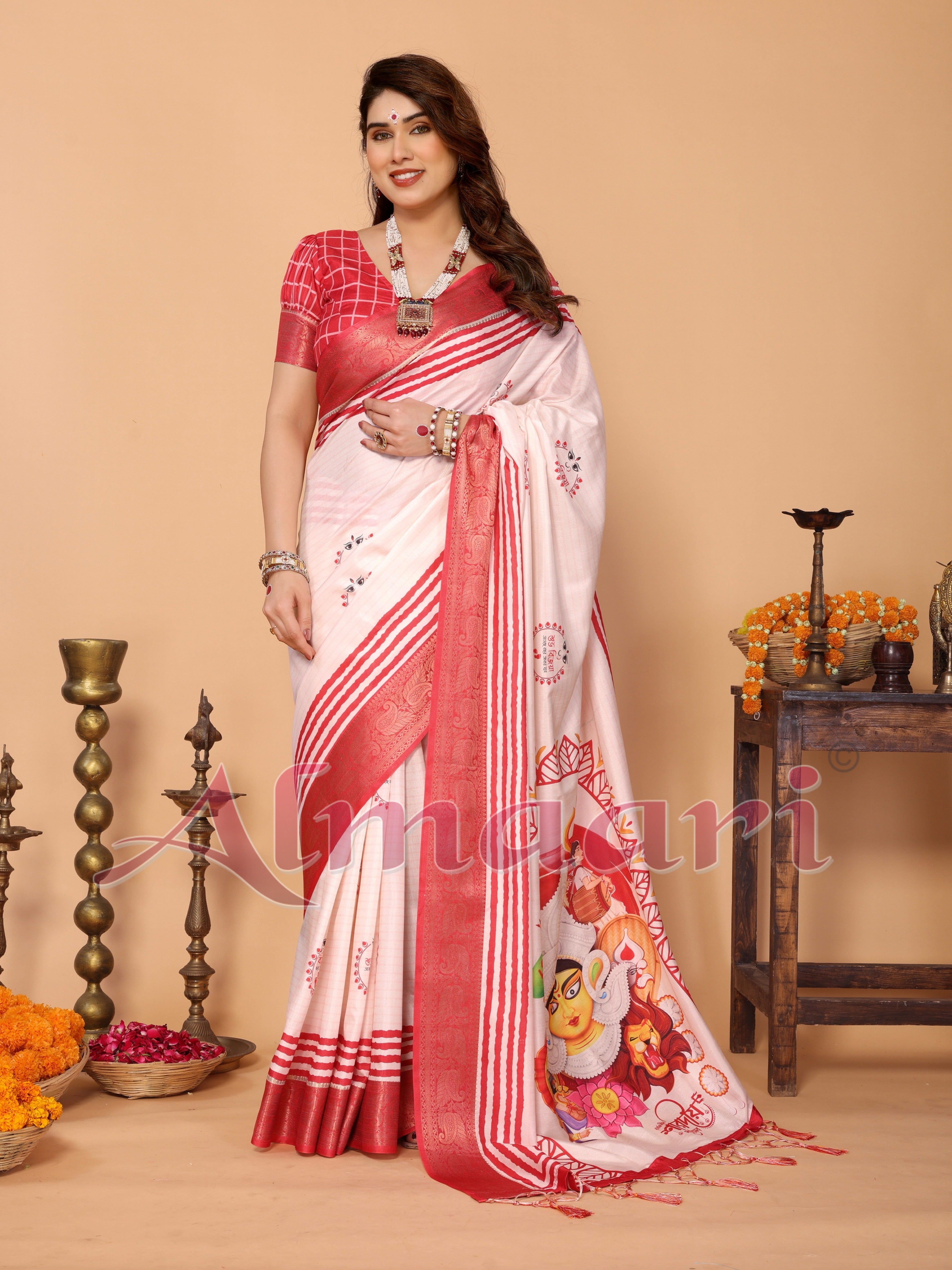 Crimson Red Handloom Linen Saree with Maa Durga Mahishasura Mardini Pallu & Zari Border | Durga Puja Special