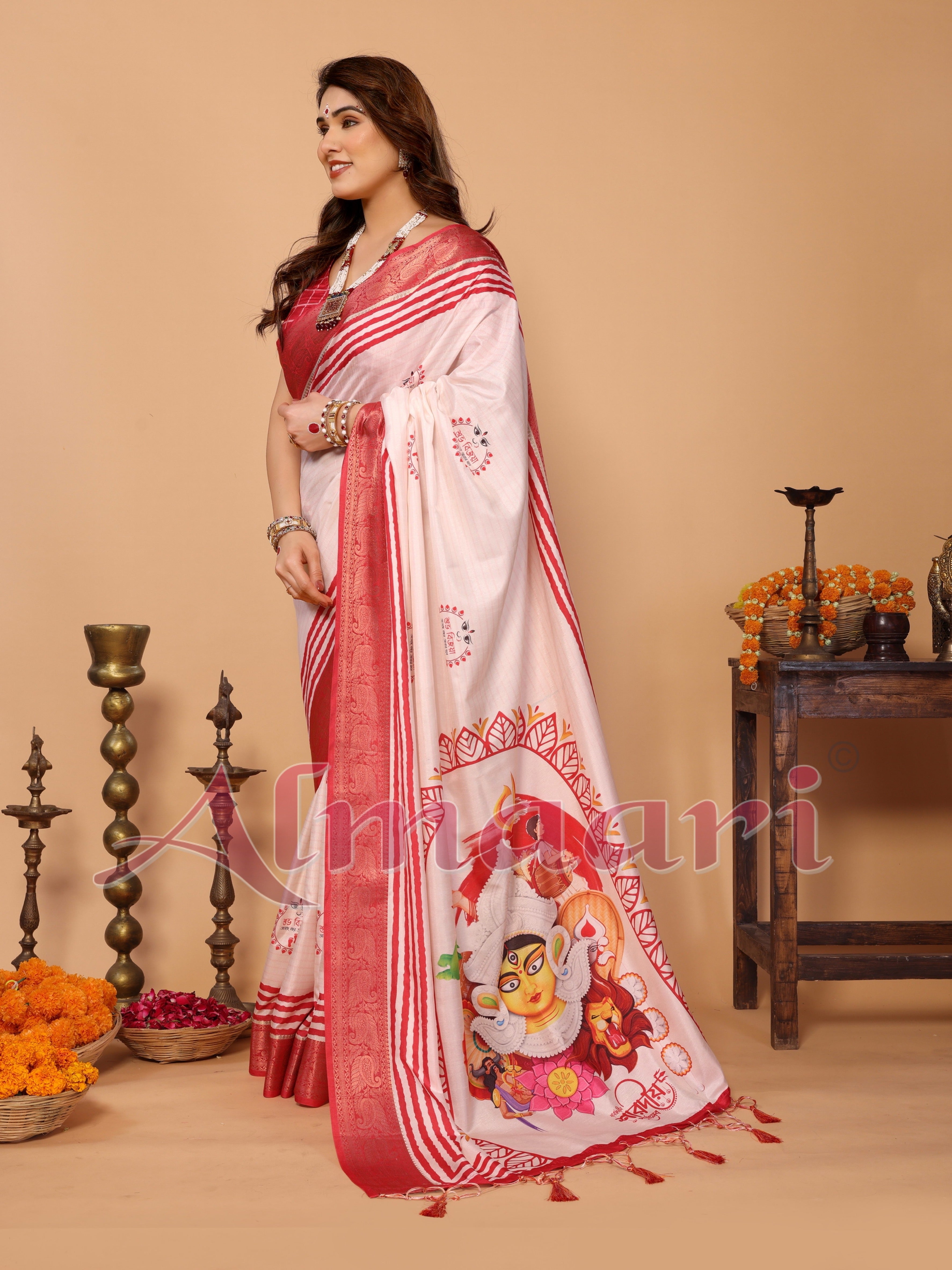 Crimson Red Handloom Linen Saree with Maa Durga Mahishasura Mardini Pallu & Zari Border | Durga Puja Special