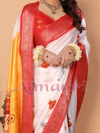 White & Yellow Ombre Pure Tussar Silk Saree with Durga Face Print & Kalash Motifs | Zari Border & Festive Tassels