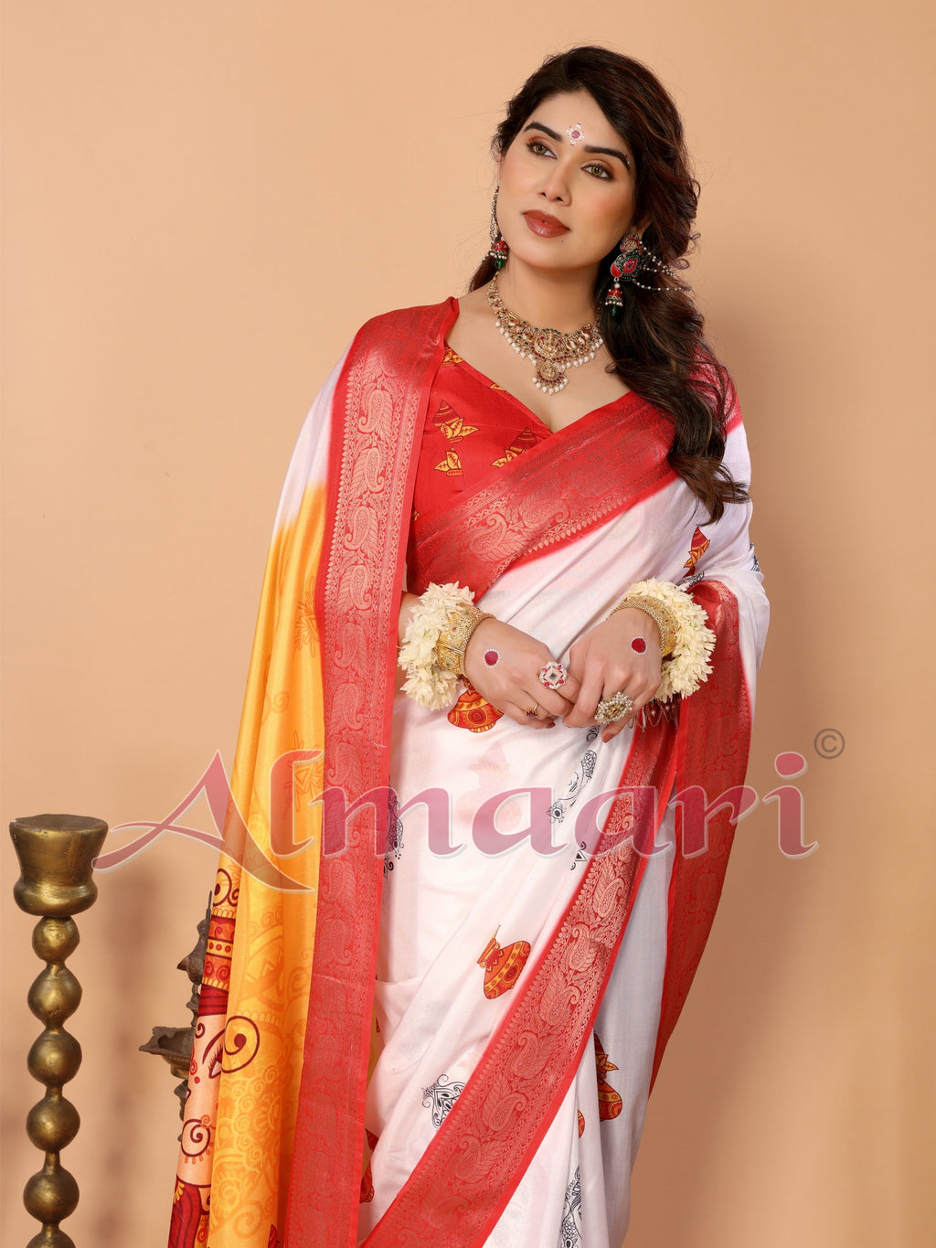 White & Yellow Ombre Pure Tussar Silk Saree with Durga Face Print & Kalash Motifs | Zari Border & Festive Tassels