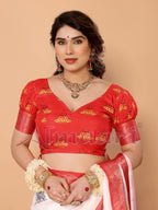 White & Yellow Ombre Pure Tussar Silk Saree with Durga Face Print & Kalash Motifs | Zari Border & Festive Tassels