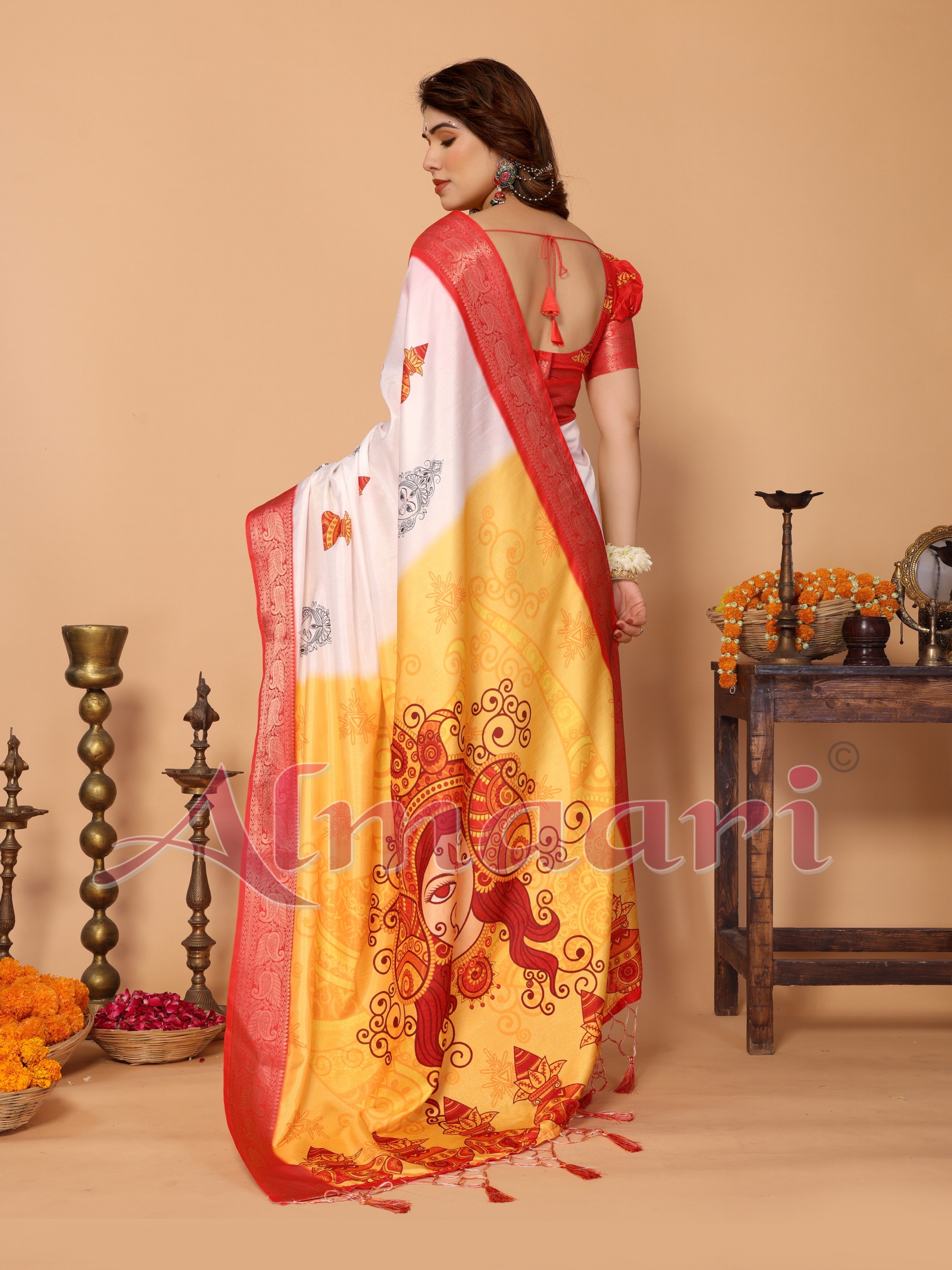 White & Yellow Ombre Pure Tussar Silk Saree with Durga Face Print & Kalash Motifs | Zari Border & Festive Tassels