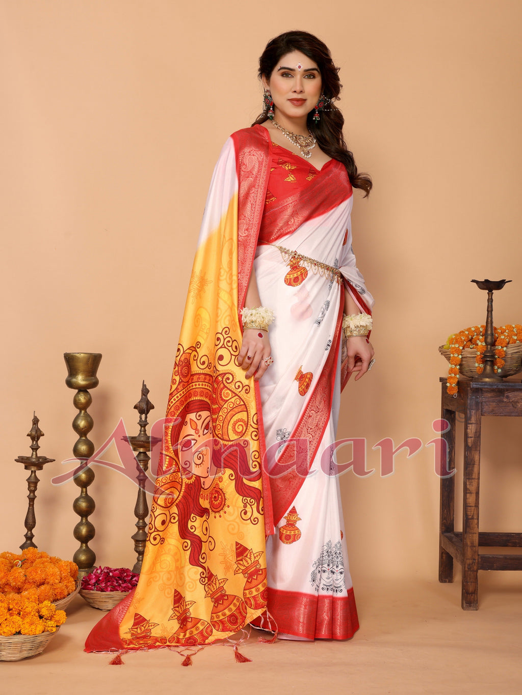 White & Yellow Ombre Pure Tussar Silk Saree with Durga Face Print & Kalash Motifs | Zari Border & Festive Tassels