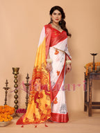 White & Yellow Ombre Pure Tussar Silk Saree with Durga Face Print & Kalash Motifs | Zari Border & Festive Tassels