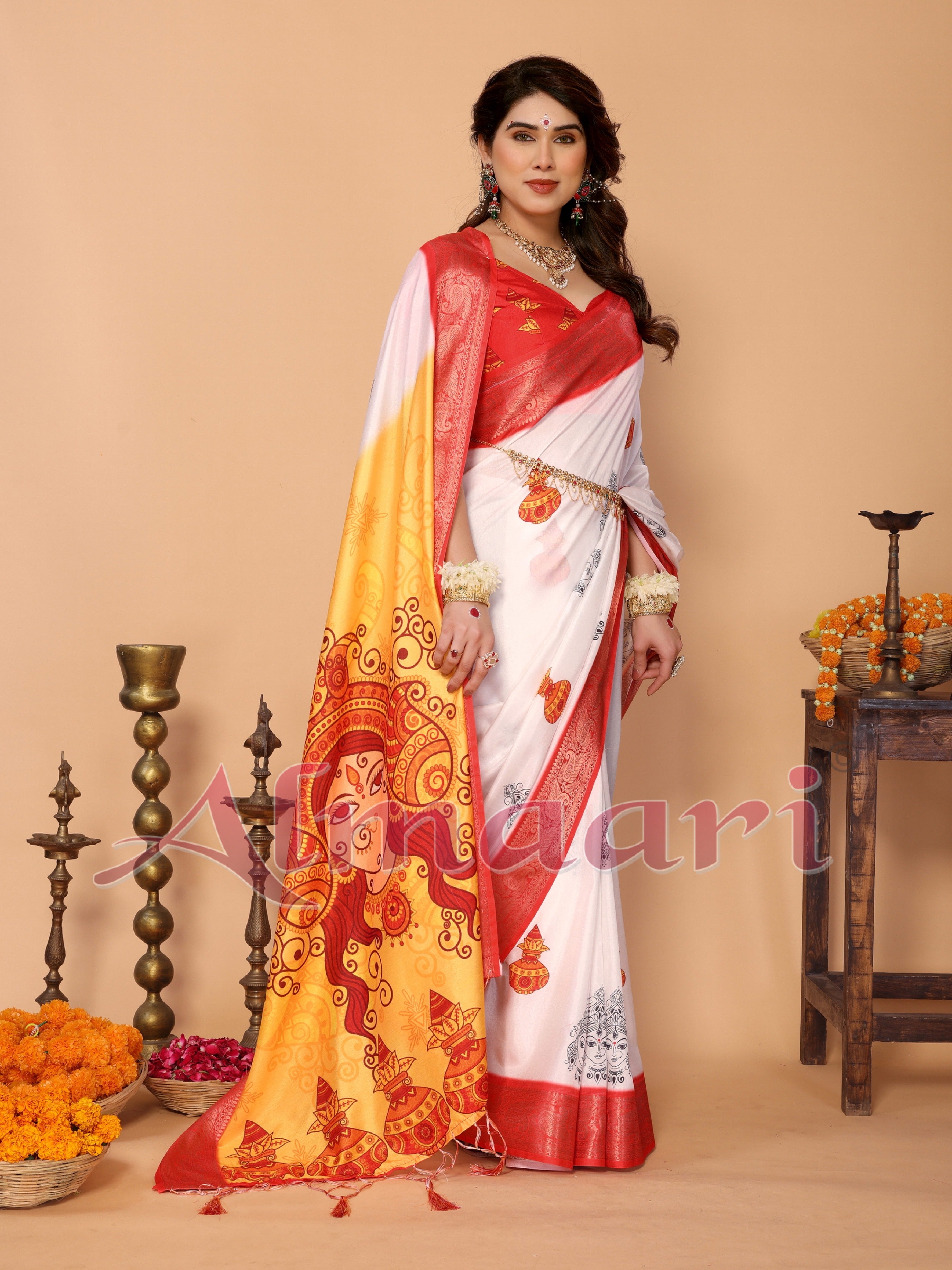 White & Yellow Ombre Pure Tussar Silk Saree with Durga Face Print & Kalash Motifs | Zari Border & Festive Tassels
