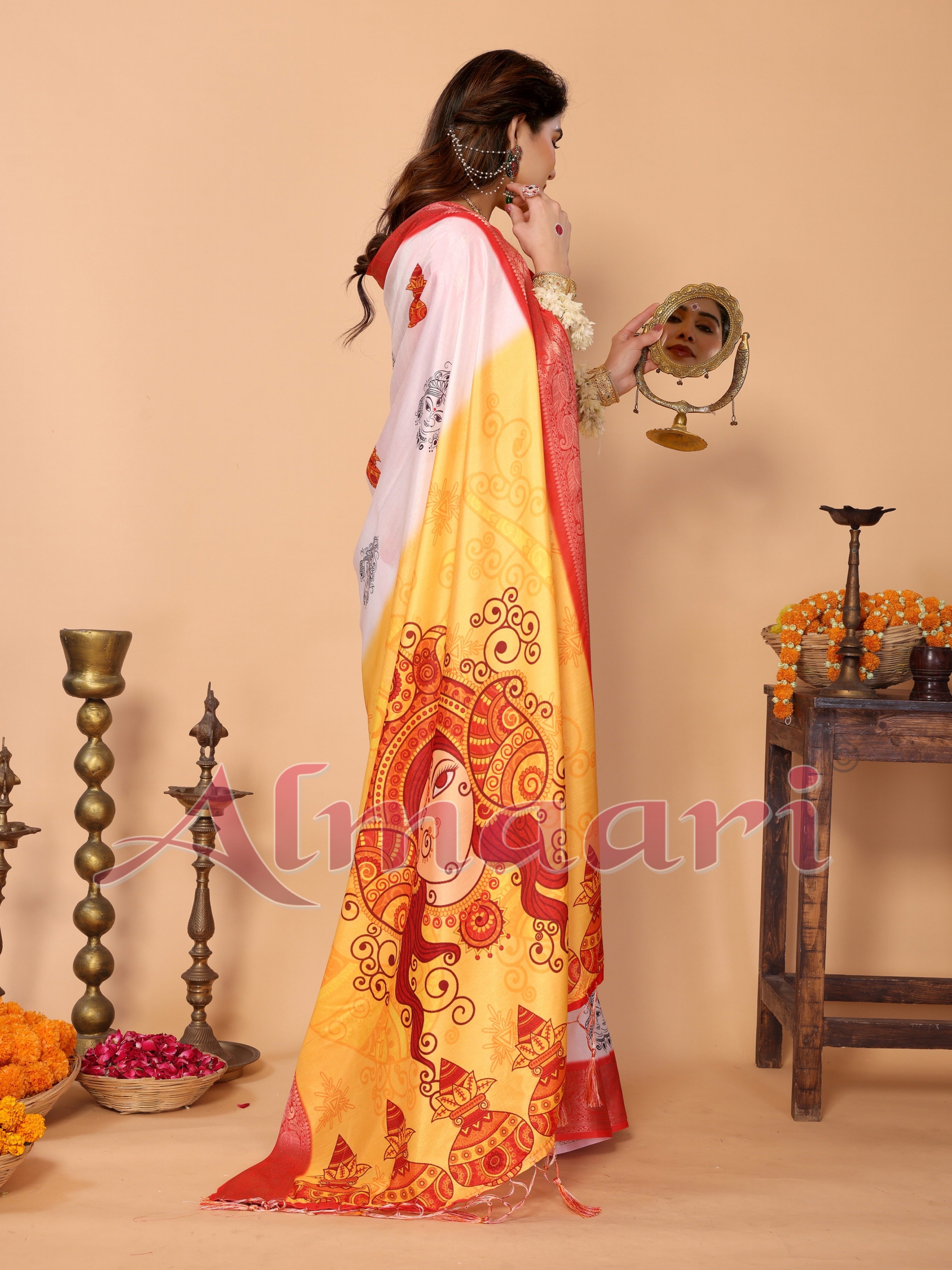 White & Yellow Ombre Pure Tussar Silk Saree with Durga Face Print & Kalash Motifs | Zari Border & Festive Tassels