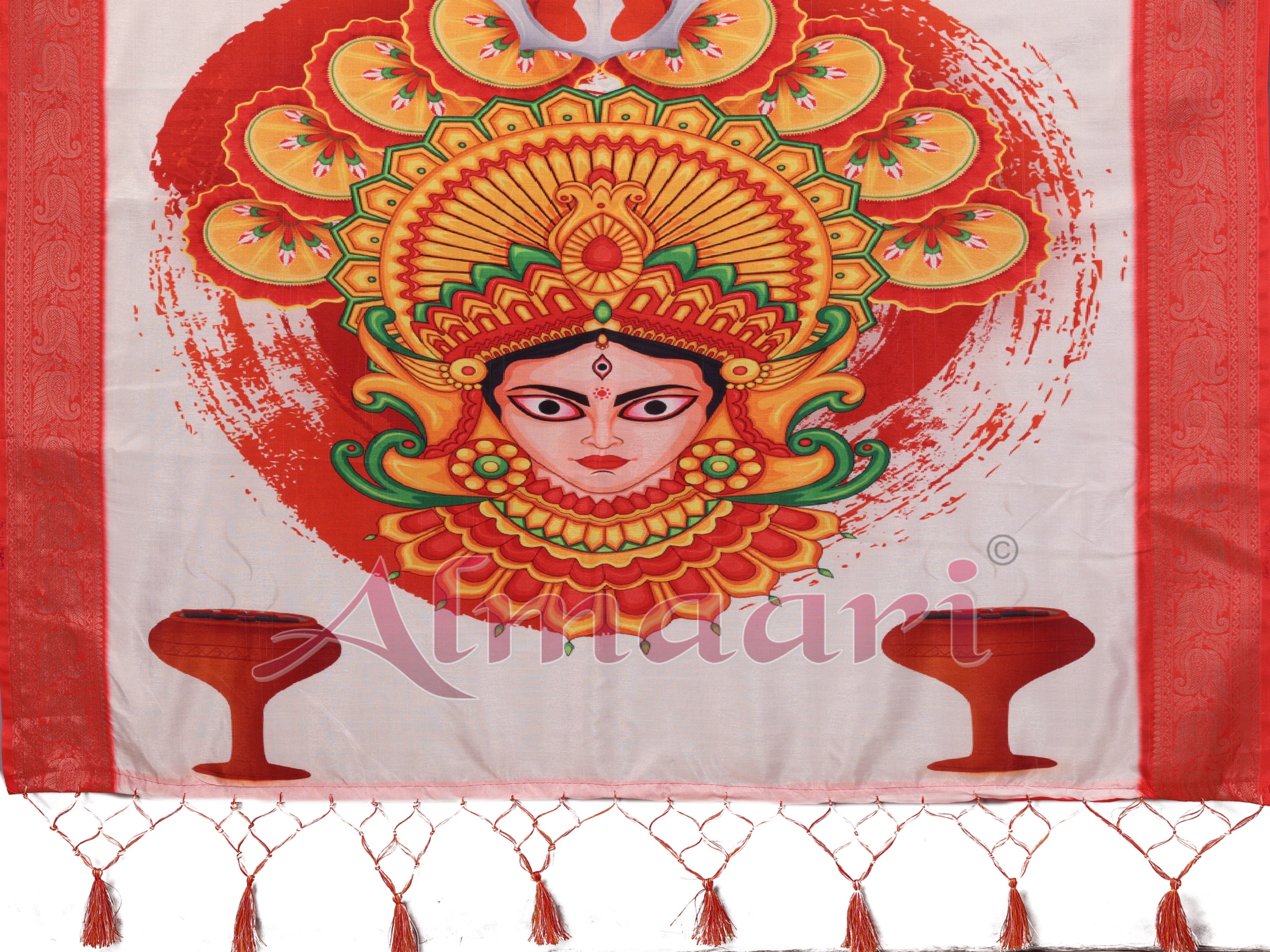 Off-White & Scarlet Red Pure Tussar Silk Saree with Kalighat Devi Artwork, Zari Border & Traditional Tassel Pallu