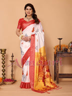 White & Yellow Ombre Pure Tussar Silk Saree with Durga Face Print & Kalash Motifs | Zari Border & Festive Tassels