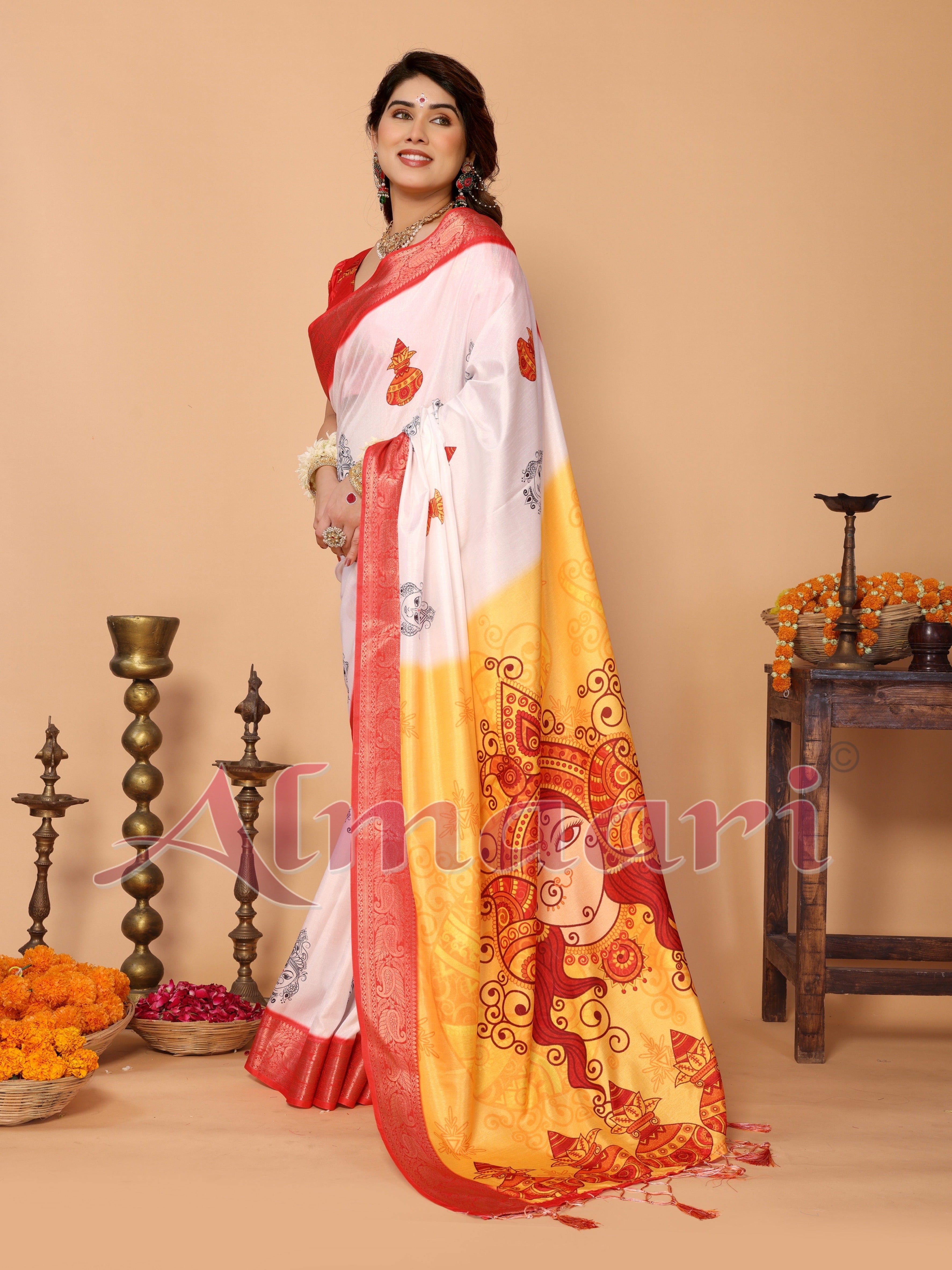 White & Yellow Ombre Pure Tussar Silk Saree with Durga Face Print & Kalash Motifs | Zari Border & Festive Tassels