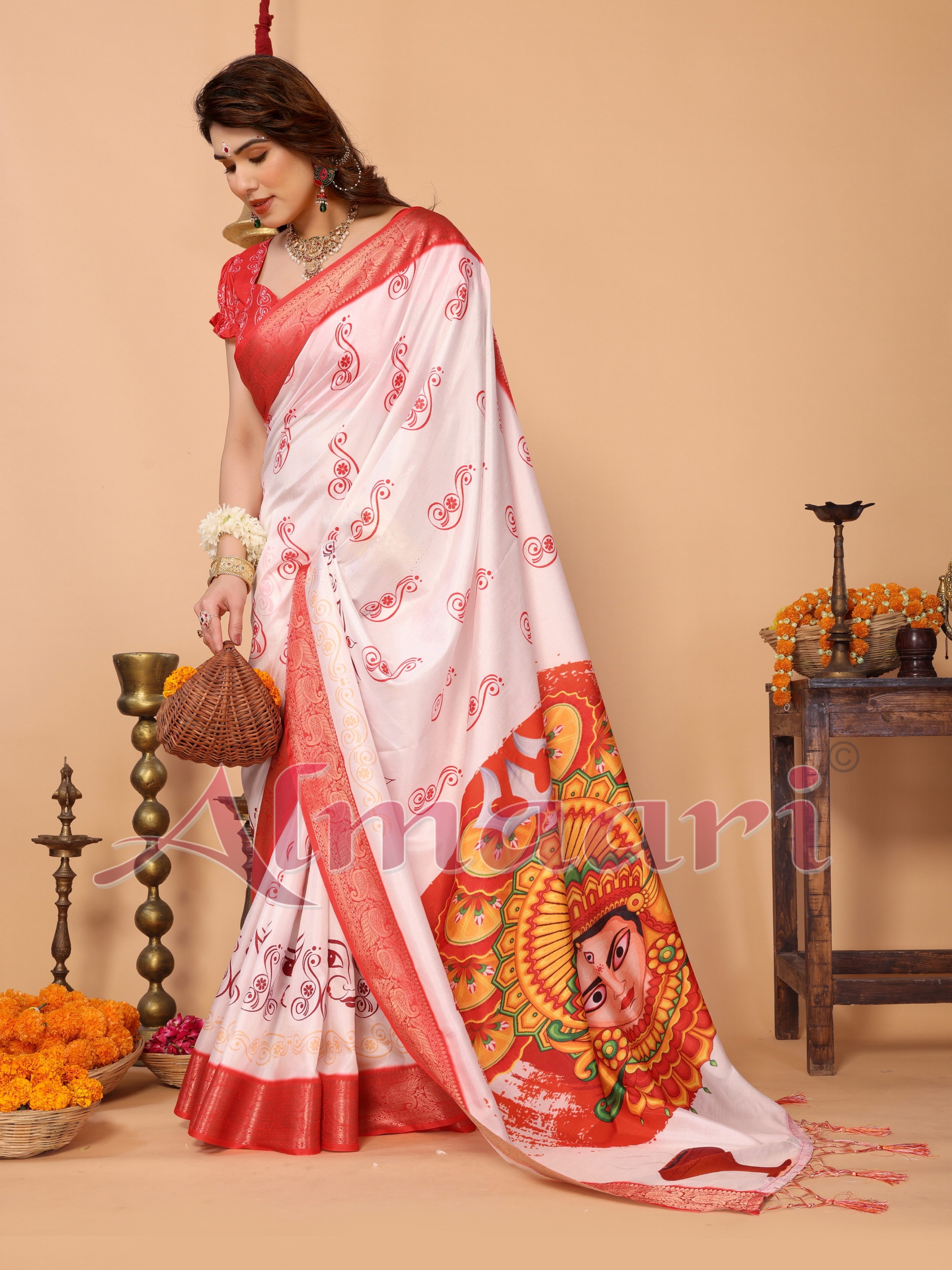 Off-White & Scarlet Red Pure Tussar Silk Saree with Kalighat Devi Artwork, Zari Border & Traditional Tassel Pallu