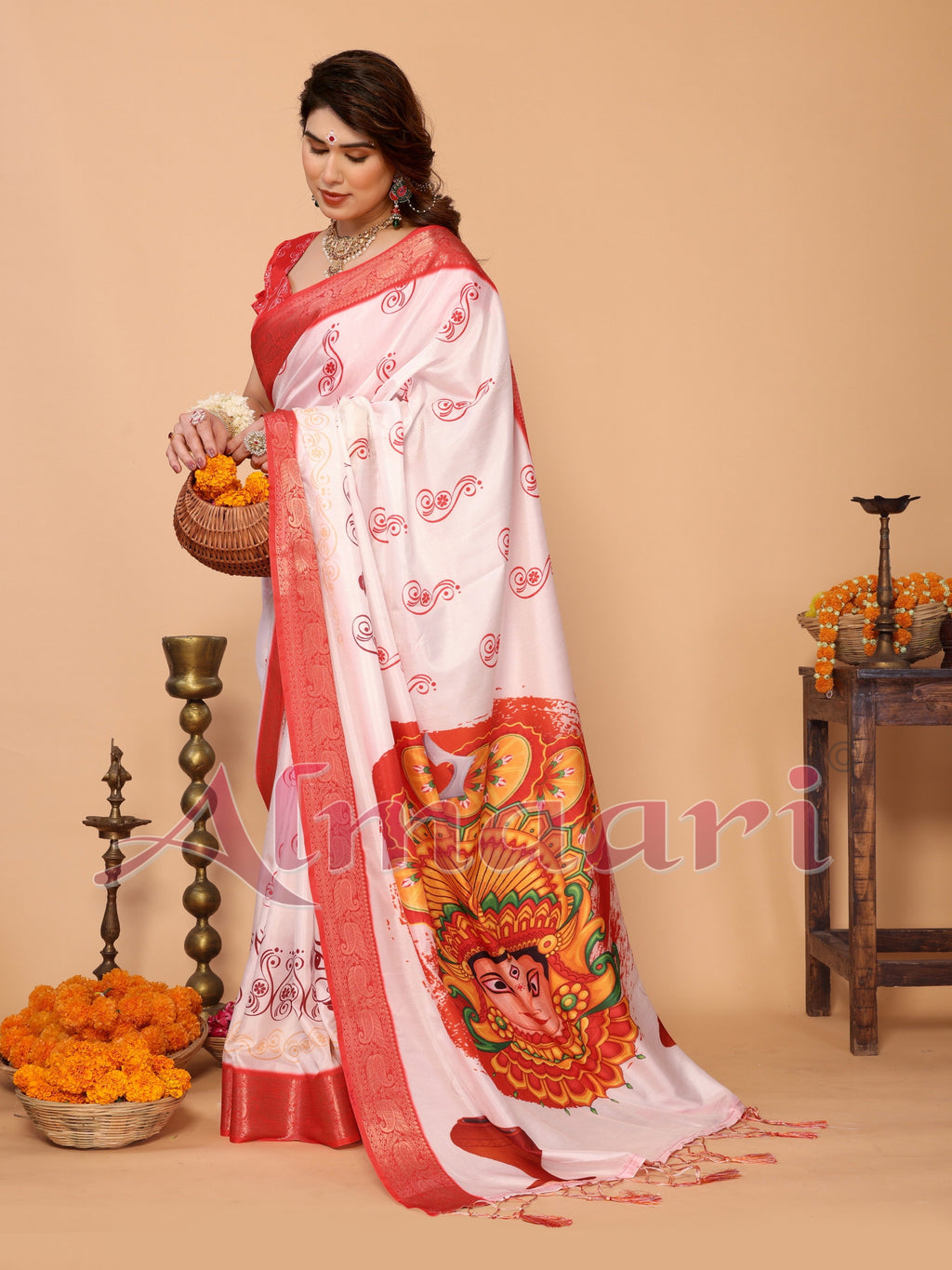 Off-White & Scarlet Red Pure Tussar Silk Saree with Kalighat Devi Artwork, Zari Border & Traditional Tassel Pallu