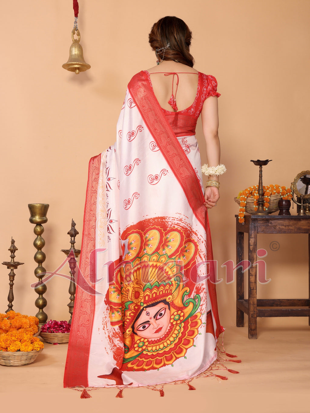 Off-White & Scarlet Red Pure Tussar Silk Saree with Kalighat Devi Artwork, Zari Border & Traditional Tassel Pallu