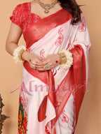 Off-White & Scarlet Red Pure Tussar Silk Saree with Kalighat Devi Artwork, Zari Border & Traditional Tassel Pallu