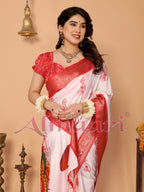 Off-White & Scarlet Red Pure Tussar Silk Saree with Kalighat Devi Artwork, Zari Border & Traditional Tassel Pallu