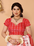 Off-White & Scarlet Red Pure Tussar Silk Saree with Kalighat Devi Artwork, Zari Border & Traditional Tassel Pallu