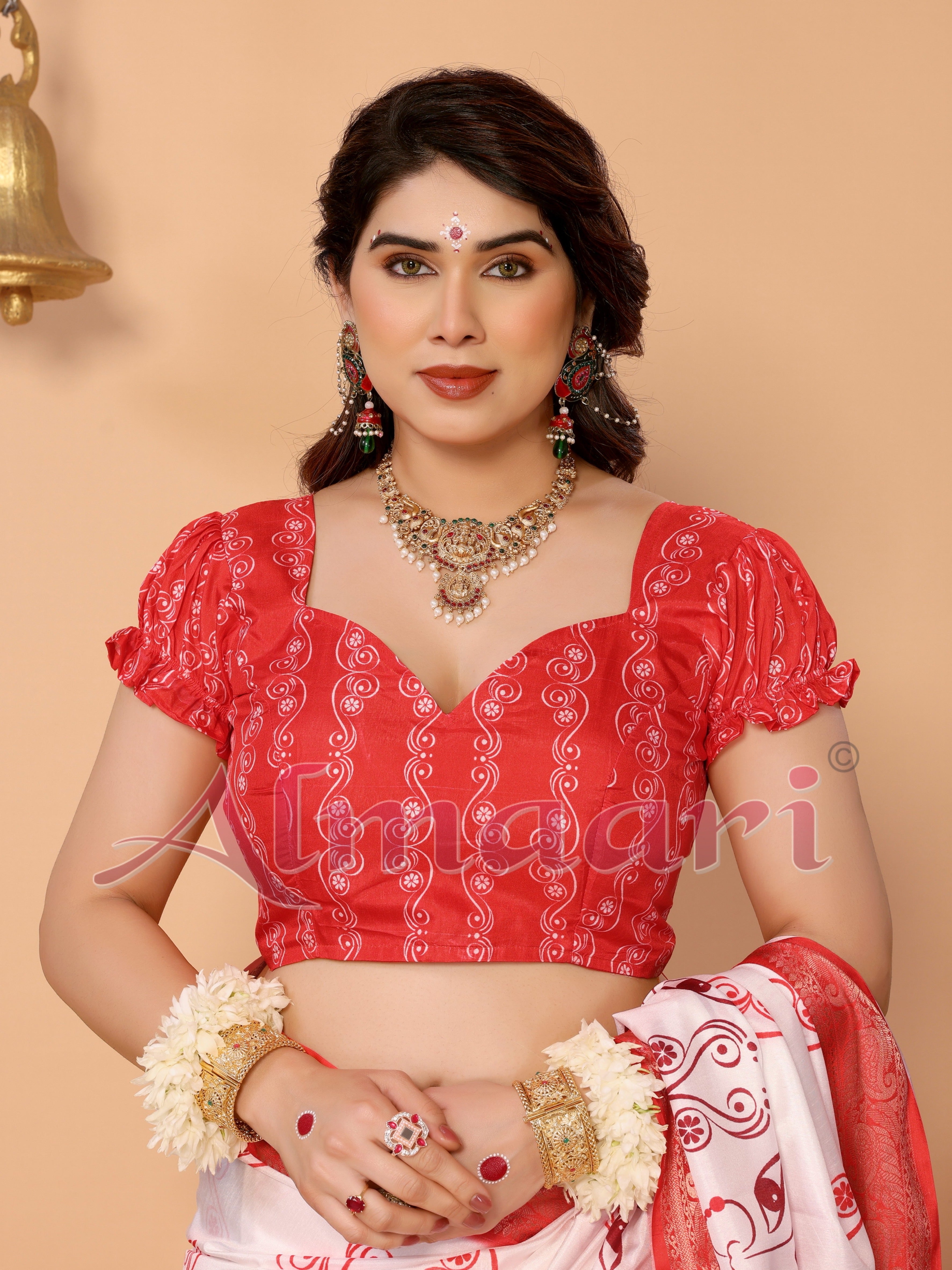 Off-White & Scarlet Red Pure Tussar Silk Saree with Kalighat Devi Artwork, Zari Border & Traditional Tassel Pallu