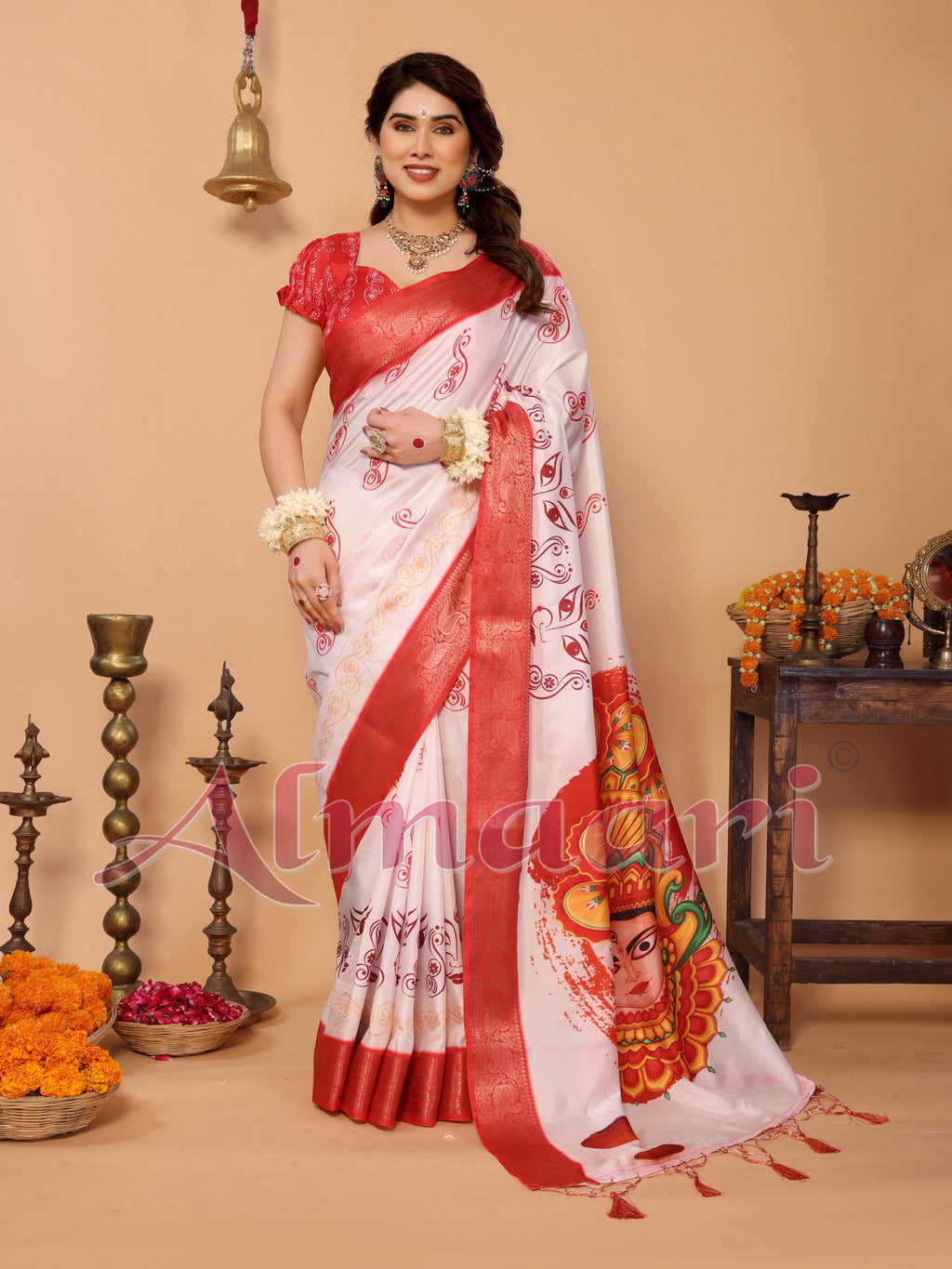 Off-White & Scarlet Red Pure Tussar Silk Saree with Kalighat Devi Artwork, Zari Border & Traditional Tassel Pallu