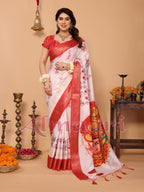 Off-White & Scarlet Red Pure Tussar Silk Saree with Kalighat Devi Artwork, Zari Border & Traditional Tassel Pallu