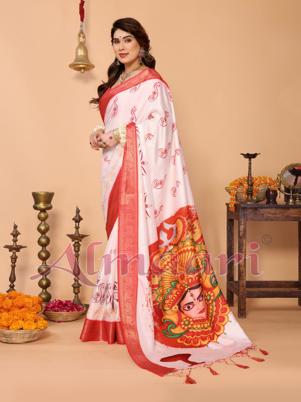 Off-White & Scarlet Red Pure Tussar Silk Saree with Kalighat Devi Artwork, Zari Border & Traditional Tassel Pallu