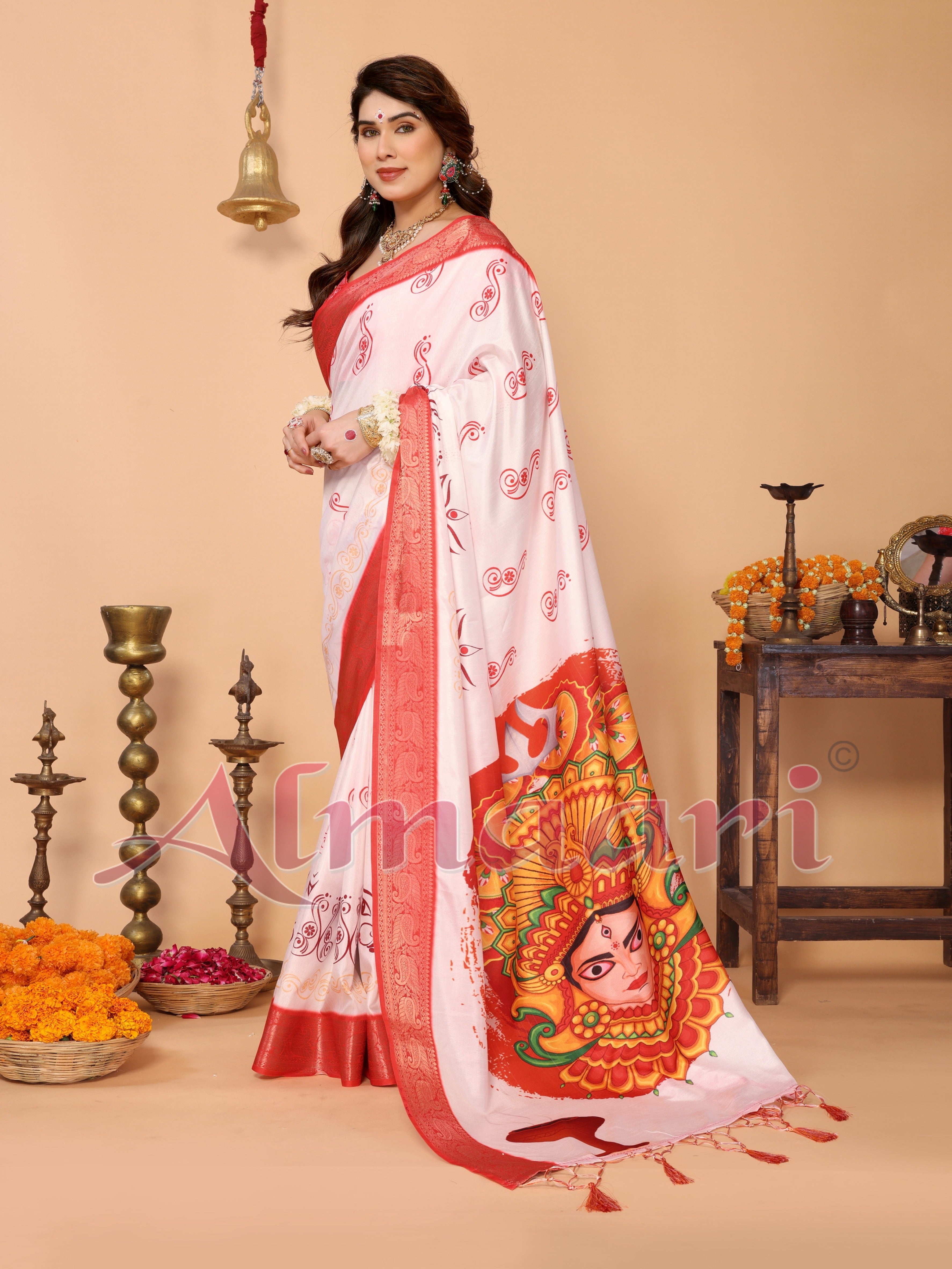 Off-White & Scarlet Red Pure Tussar Silk Saree with Kalighat Devi Artwork, Zari Border & Traditional Tassel Pallu