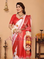 Off-White & Red Pure Tussar Silk Saree with Durga Crown Face Print, Traditional Motifs & Zari Border | Festive Tassels on Pallu