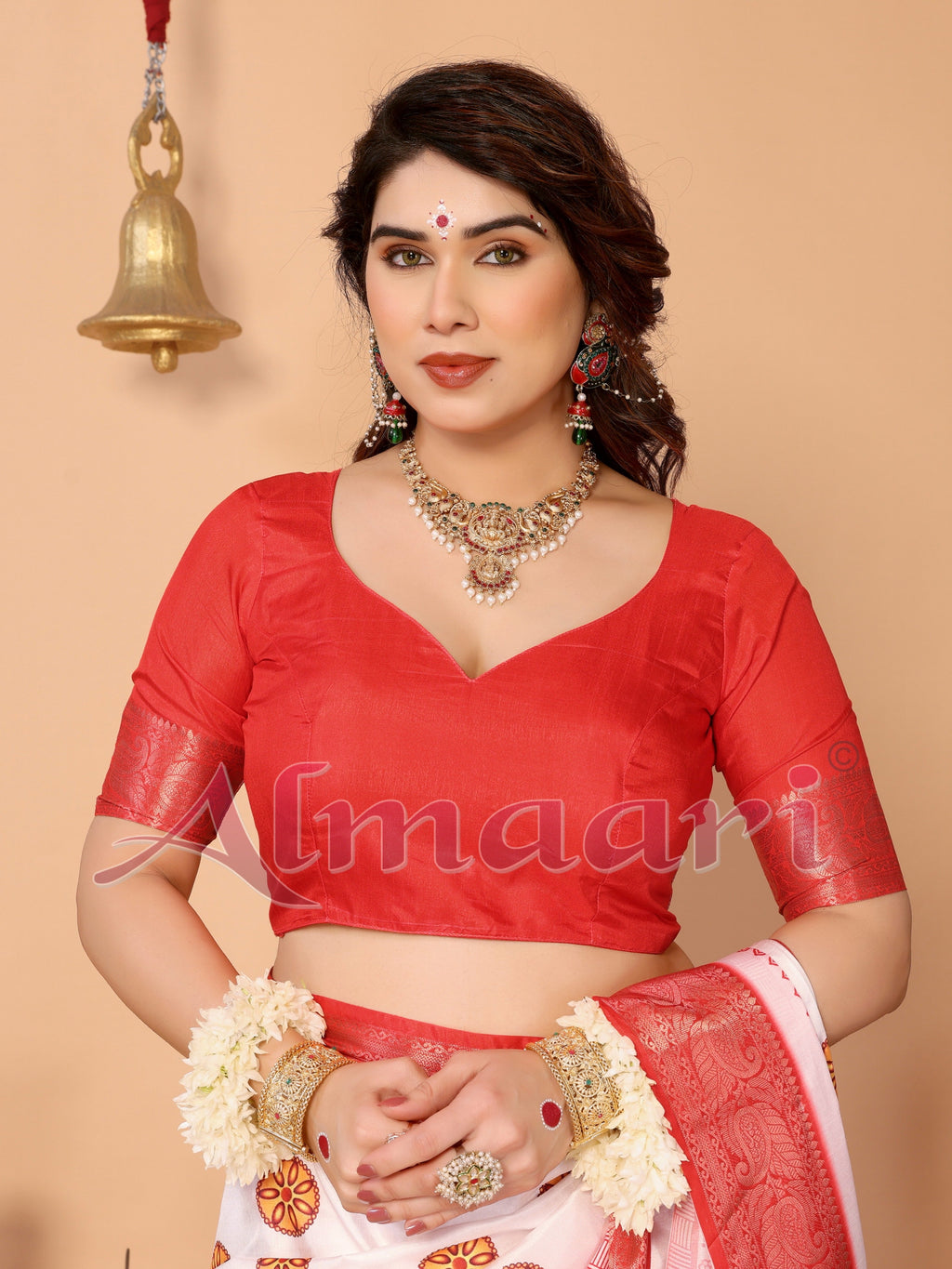 Off-White & Red Pure Tussar Silk Saree with Durga Crown Face Print, Traditional Motifs & Zari Border | Festive Tassels on Pallu