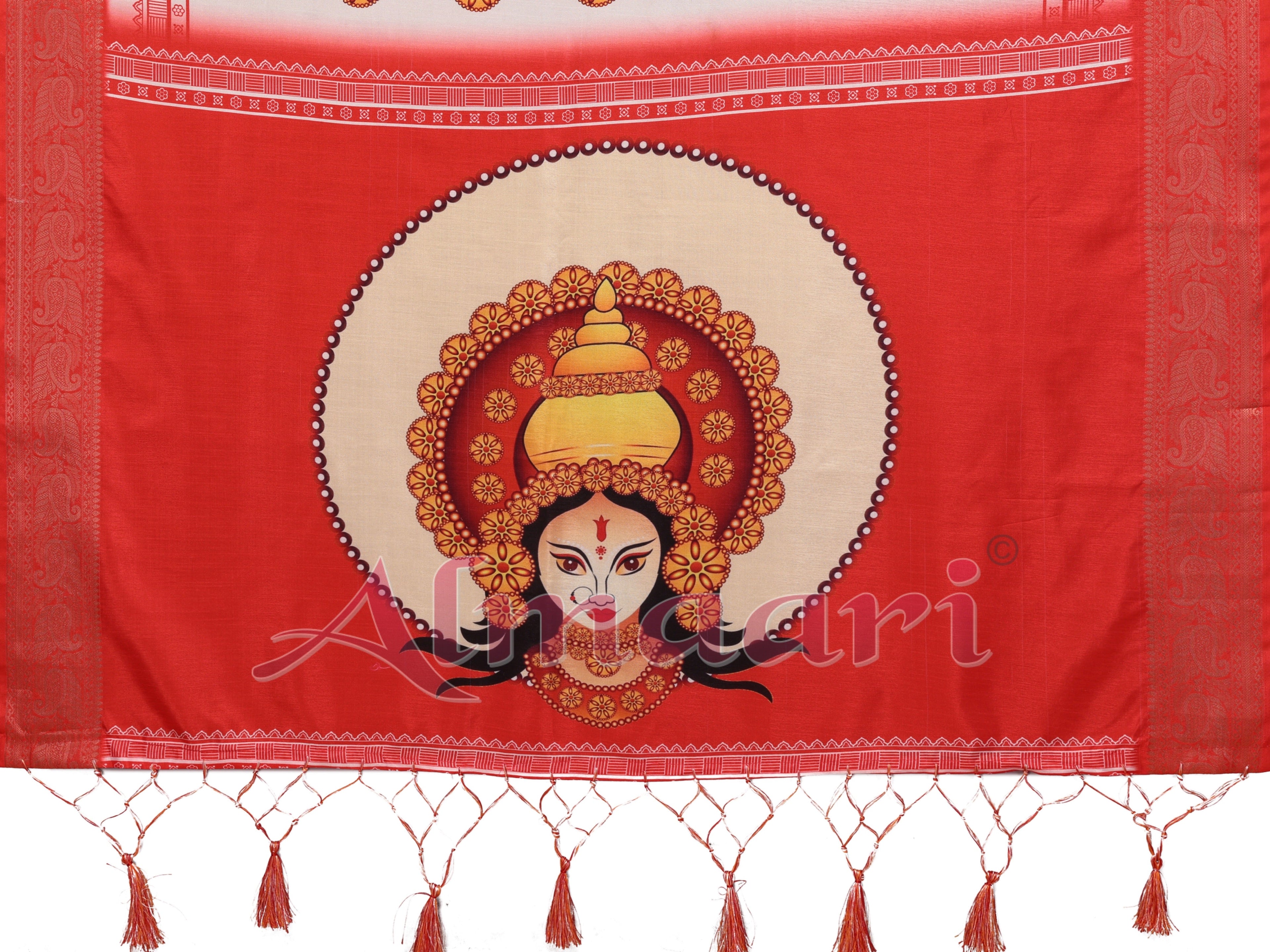 Off-White & Red Pure Tussar Silk Saree with Durga Crown Face Print, Traditional Motifs & Zari Border | Festive Tassels on Pallu