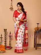 Off-White & Red Pure Tussar Silk Saree with Durga Crown Face Print, Traditional Motifs & Zari Border | Festive Tassels on Pallu