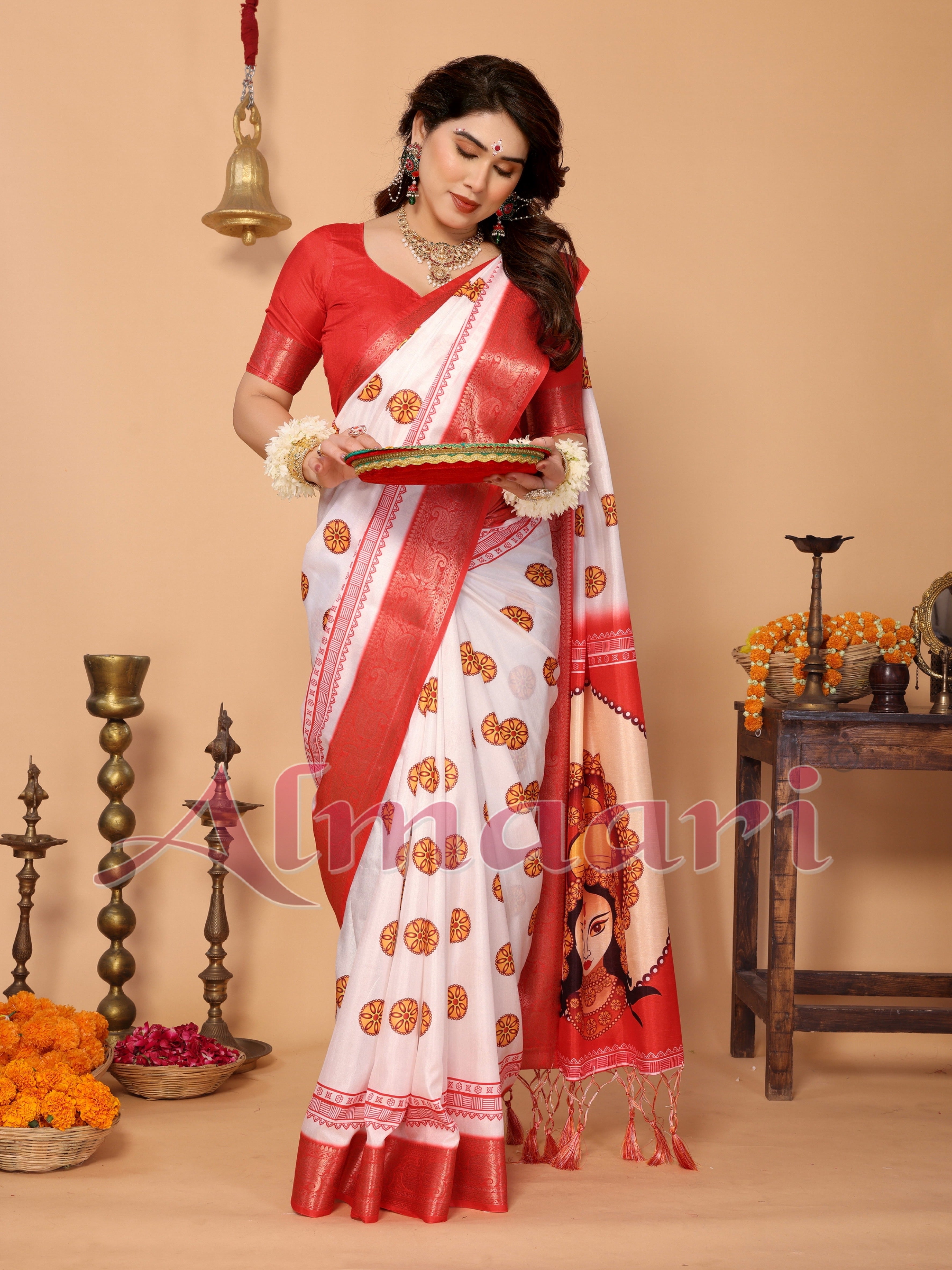 Off-White & Red Pure Tussar Silk Saree with Durga Crown Face Print, Traditional Motifs & Zari Border | Festive Tassels on Pallu