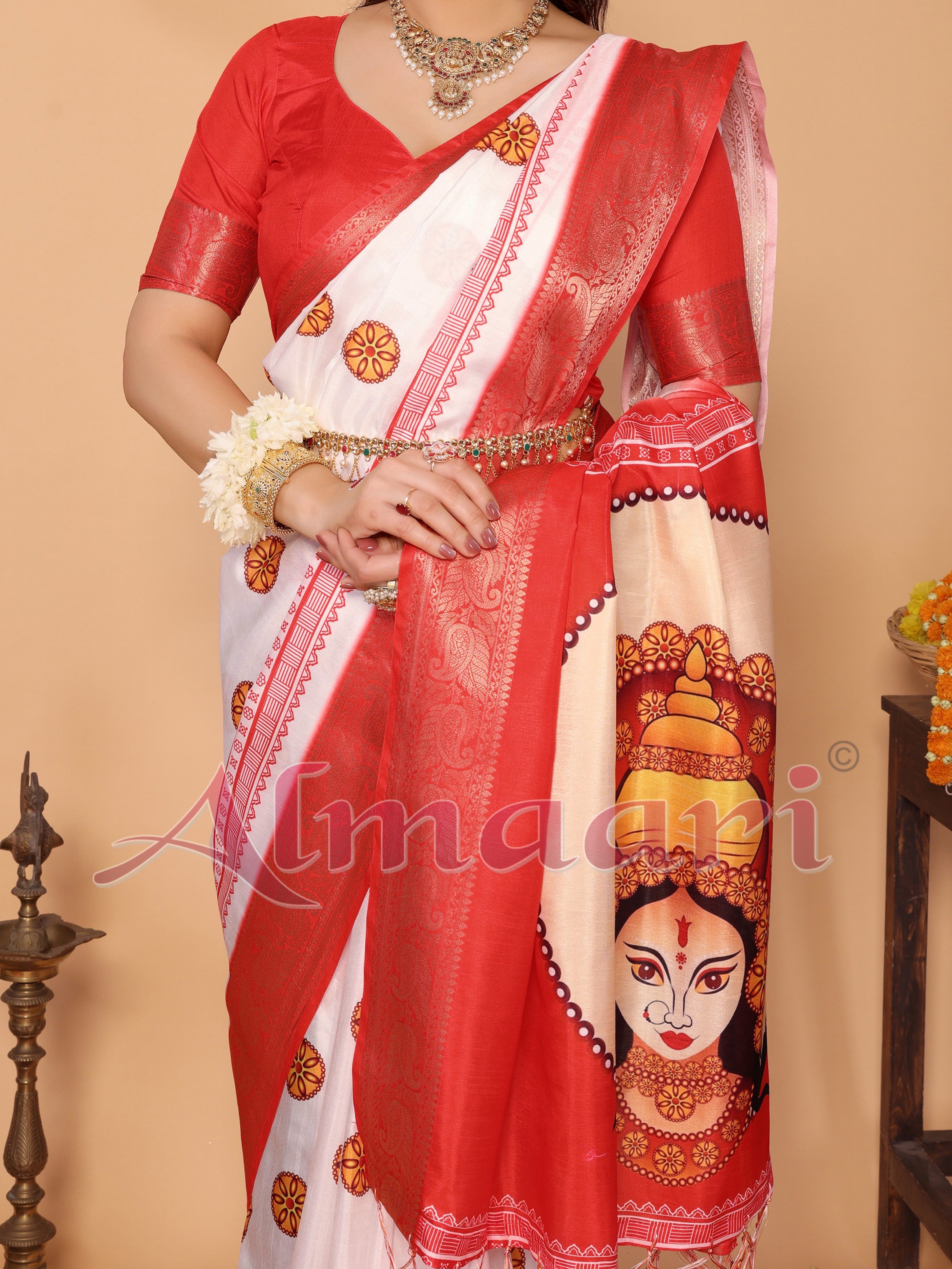 Off-White & Red Pure Tussar Silk Saree with Durga Crown Face Print, Traditional Motifs & Zari Border | Festive Tassels on Pallu