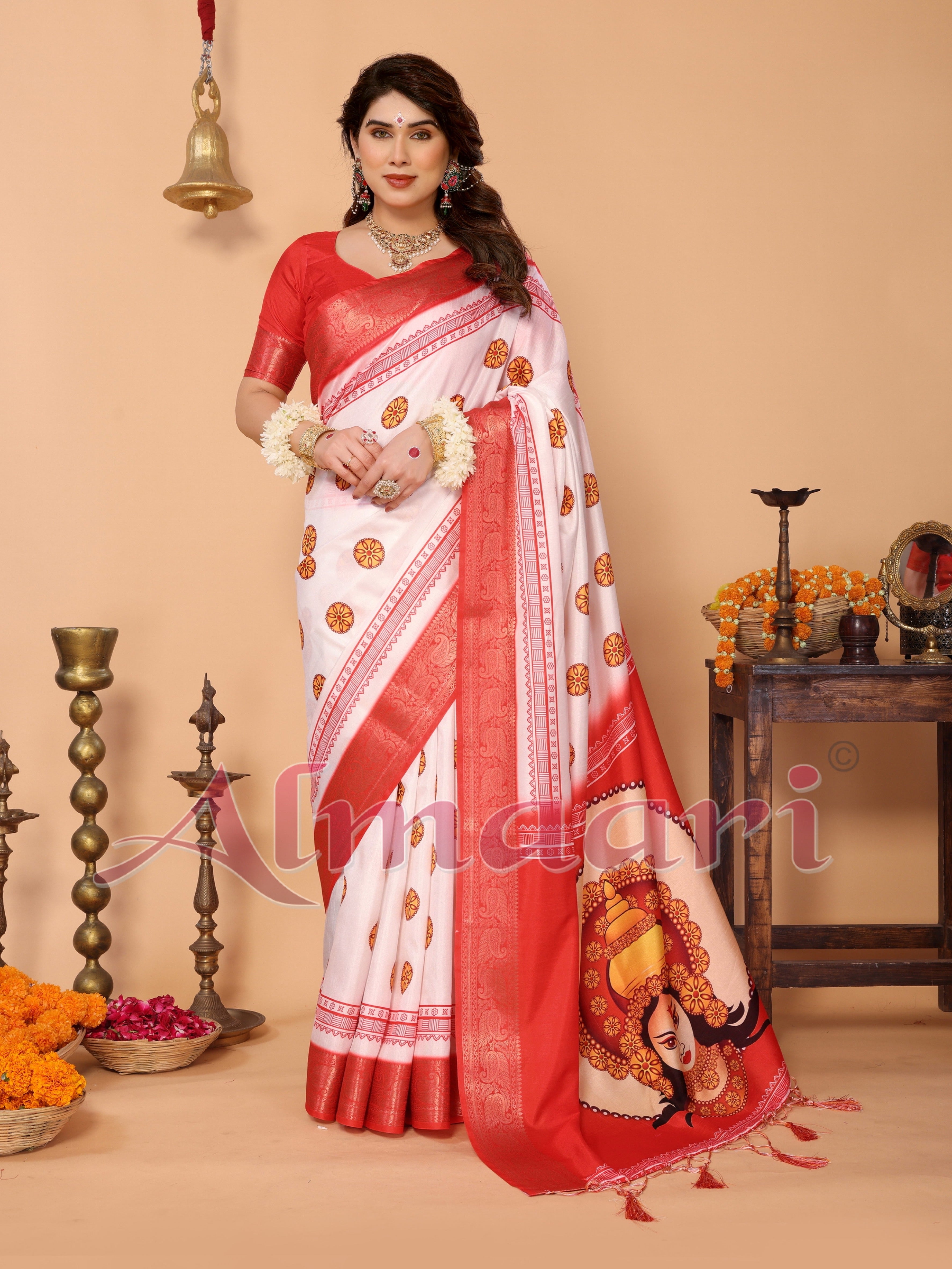 Off-White & Red Pure Tussar Silk Saree with Durga Crown Face Print, Traditional Motifs & Zari Border | Festive Tassels on Pallu