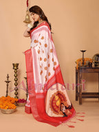 Off-White & Red Pure Tussar Silk Saree with Durga Crown Face Print, Traditional Motifs & Zari Border | Festive Tassels on Pallu