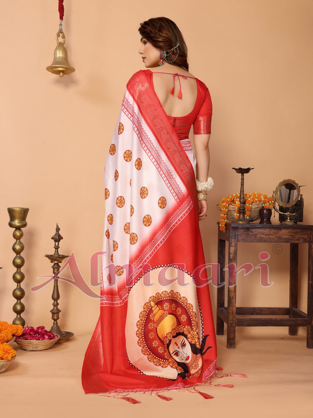 Off-White & Red Pure Tussar Silk Saree with Durga Crown Face Print, Traditional Motifs & Zari Border | Festive Tassels on Pallu