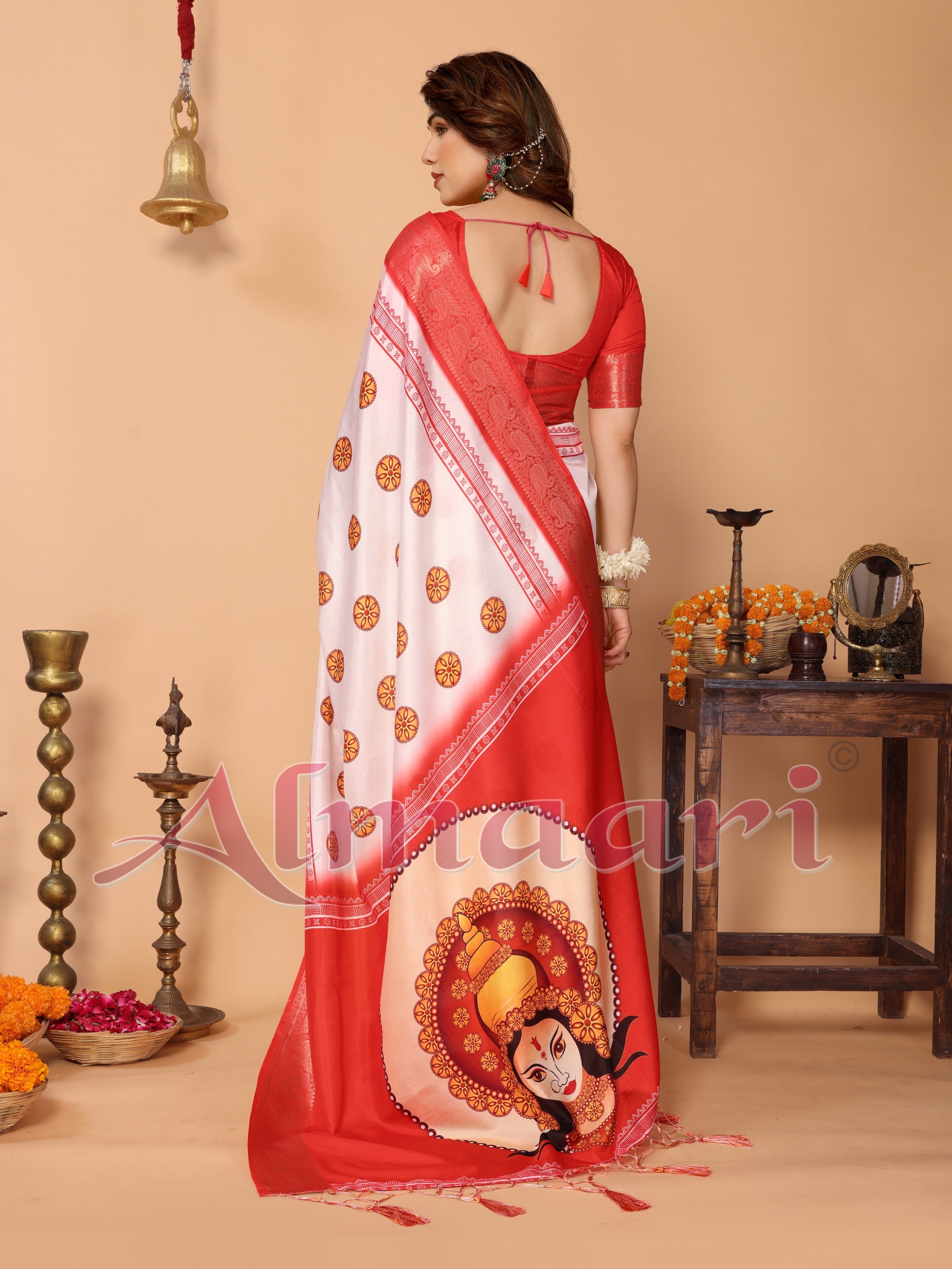 Off-White & Red Pure Tussar Silk Saree with Durga Crown Face Print, Traditional Motifs & Zari Border | Festive Tassels on Pallu