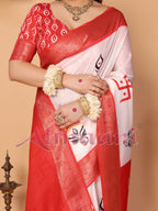 Off-White & Vermilion Red Pure Tussar Silk Saree with Durga Eyes & Devi Face Pallu | Zari Border & Festive Tassels