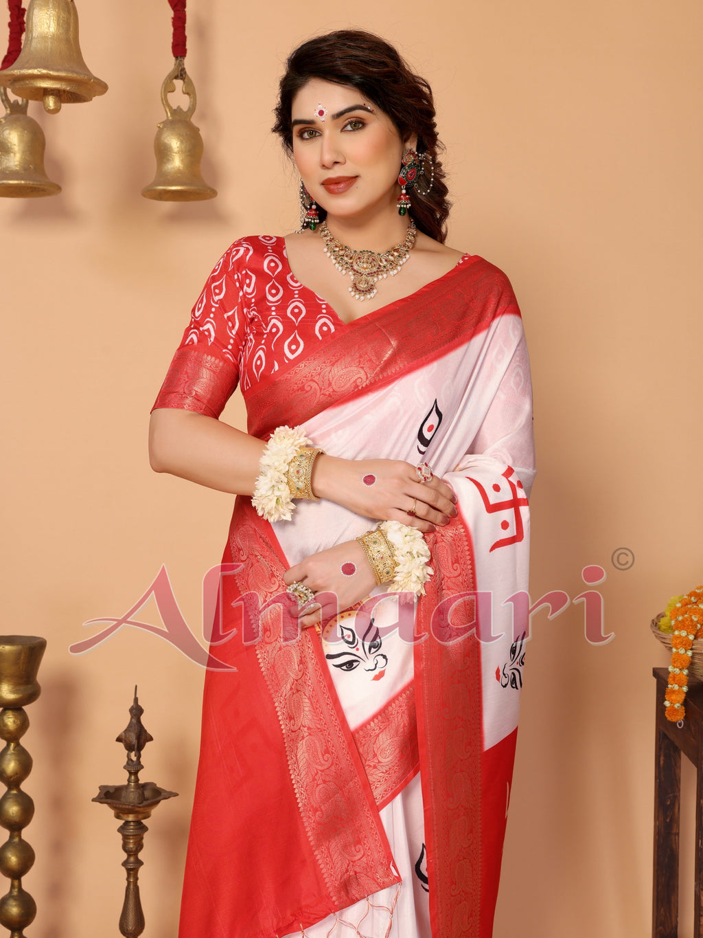Off-White & Vermilion Red Pure Tussar Silk Saree with Durga Eyes & Devi Face Pallu | Zari Border & Festive Tassels