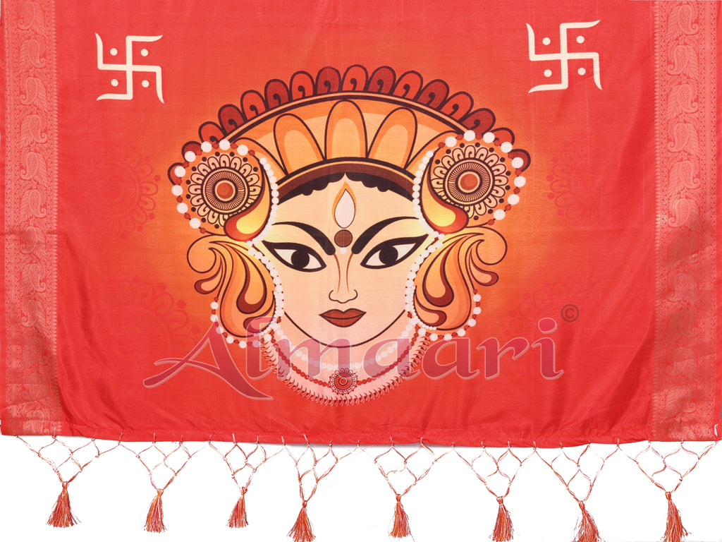 Off-White & Vermilion Red Pure Tussar Silk Saree with Durga Eyes & Devi Face Pallu | Zari Border & Festive Tassels