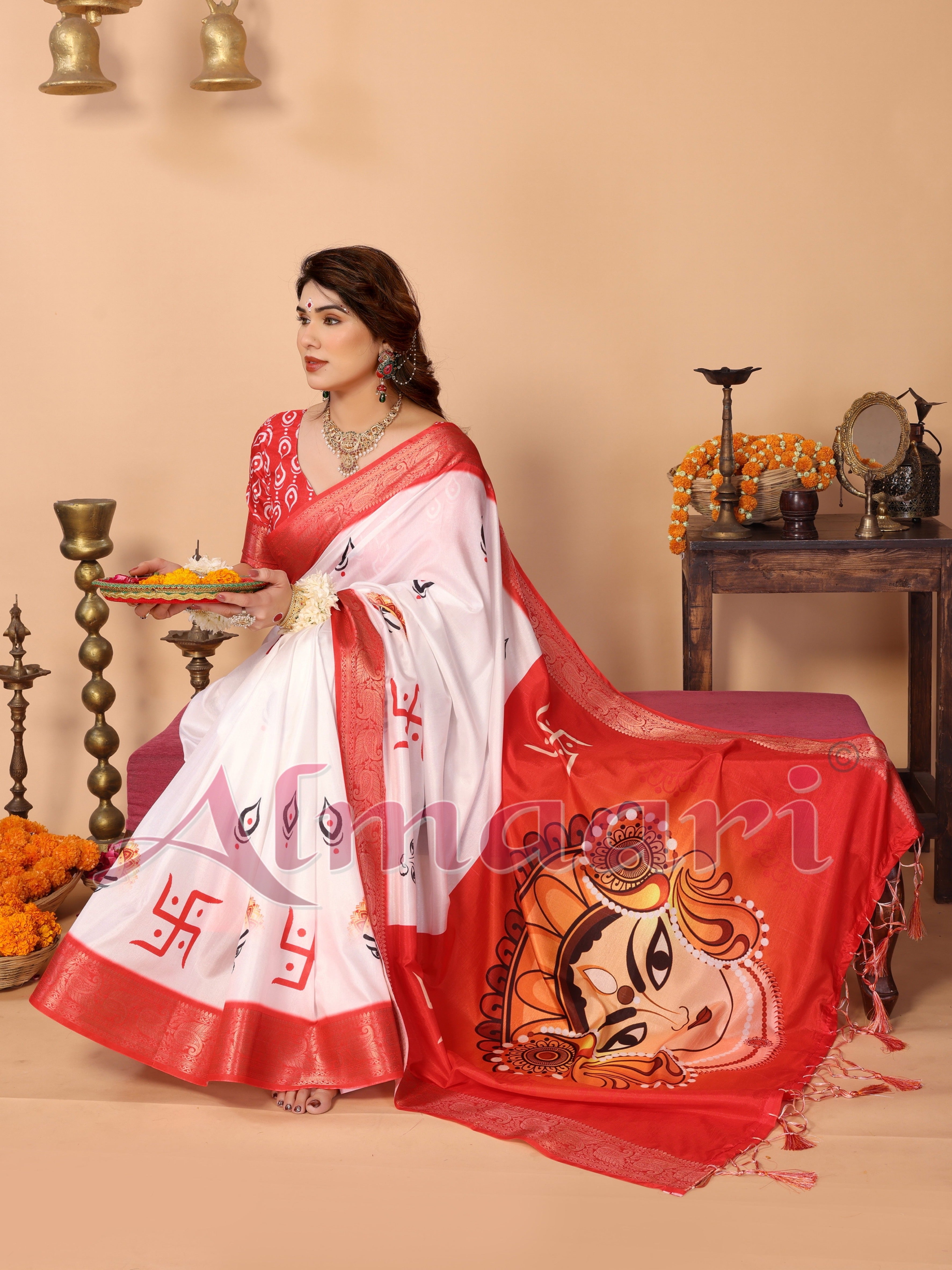 Off-White & Vermilion Red Pure Tussar Silk Saree with Durga Eyes & Devi Face Pallu | Zari Border & Festive Tassels