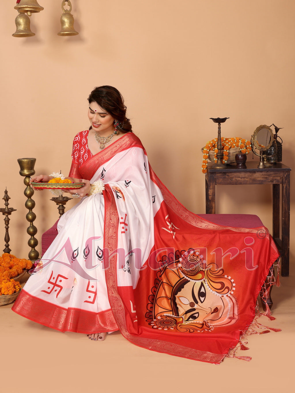Off-White & Vermilion Red Pure Tussar Silk Saree with Durga Eyes & Devi Face Pallu | Zari Border & Festive Tassels